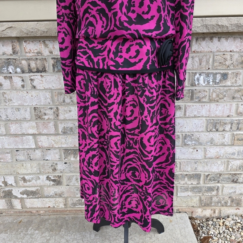 Vintage 80s R&K Originals Pink Rose Print Peplum Dress - Picture 3 of 14